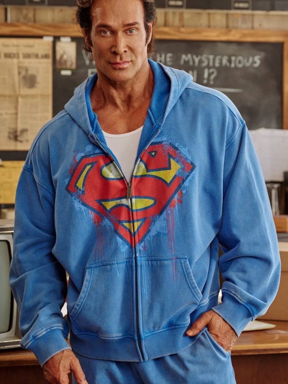 YoungLA Blue Zip-Up Hoodie with Red & Yellow Superman Logo